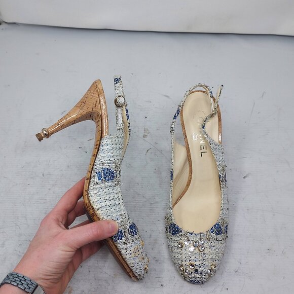 CHANEL Tweed Interlocking CC Logo Blue White Slingback Pump - Picture 1 of 13